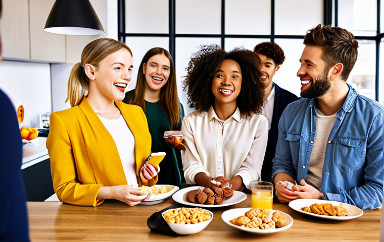 **Image Prompt:** A vibrant photo showcasing a diverse group of young professionals enjoying a variety of gluten-free and organic snacks in a modern, co-working space. Emphasize the convenience and health aspects of the products.