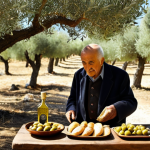 **

A visually appealing advertisement for "Dedemin Zeytinligi" olive oil. The scene depicts a sunny olive grove in Turkey with an elderly gentleman (Dedem - Grandfather) tending to the trees. In the foreground, a bottle of olive oil sits beside a rustic wooden table laden with Turkish bread, olives, and cheeses. Social media icons are subtly incorporated, hinting at the brand's online presence and storytelling. The overall tone is warm, authentic, and evokes a sense of tradition and quality.

**