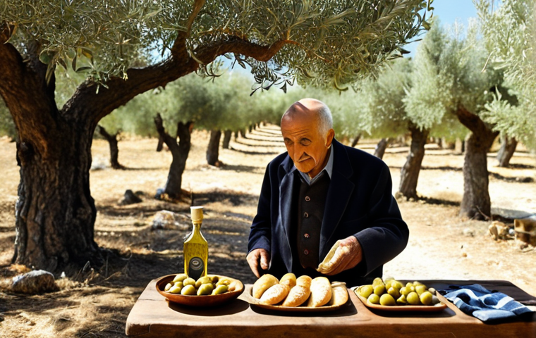 **

A visually appealing advertisement for "Dedemin Zeytinligi" olive oil. The scene depicts a sunny olive grove in Turkey with an elderly gentleman (Dedem - Grandfather) tending to the trees. In the foreground, a bottle of olive oil sits beside a rustic wooden table laden with Turkish bread, olives, and cheeses. Social media icons are subtly incorporated, hinting at the brand's online presence and storytelling. The overall tone is warm, authentic, and evokes a sense of tradition and quality.

**